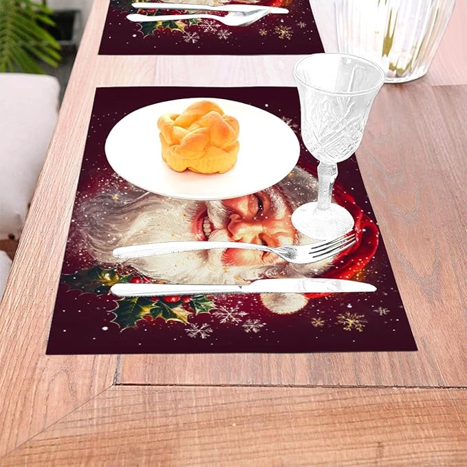 PVC Placemats Set of 1 Wipeable Table Mats Washable Heat Resistant Non Slip Vinyl Dining Table Mat for Kitchen Indoor Outdoor Patio Farmhouse Place Mats Santa Claus Red Xmas Decorative