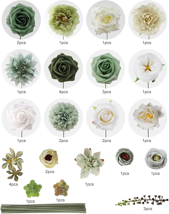 Senseya Artificial Flowers Combo Set, Green Silk Roses, Peonies, Dahlias with Stems for DIY Wedding Bouquets, Baby Shower, Table Centerpieces, Home Decor, Fake Floral Arrangements, Party Decorations