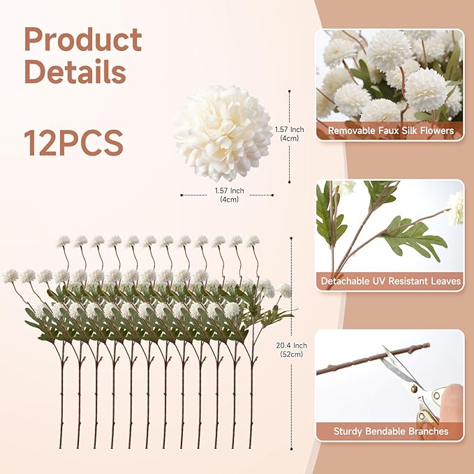 Real-Touch Faux Silk Mums Bouquet, Bendable Long Stems, Full & Realistic Artificial Flower Arrangement for Vase, Table, Wedding & Wreath Décor, Beige(No Vase) (White)