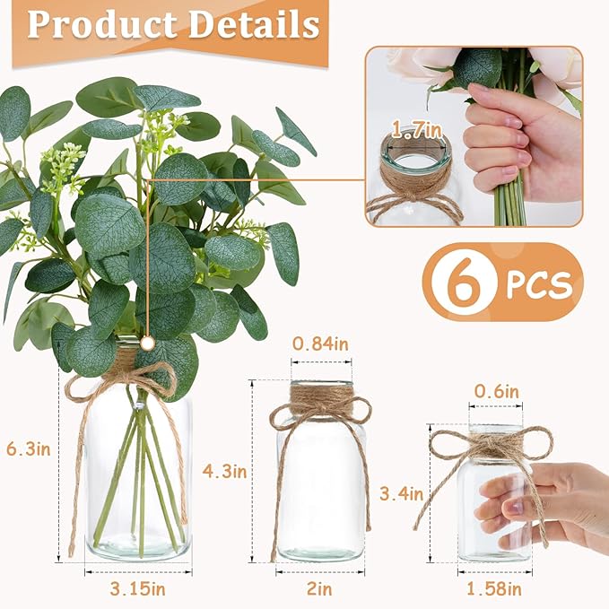 Vintage Glass Vases for Flowers, Set of 6 Clear Vases for Farmhouse Wedding Centerpiece Cylinder Bottle for Reception Table Decor Housewarming Birthday Floral Arrangements (S+M+L)