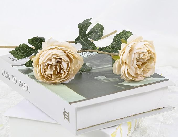 IPOPU 10pcs Beige Peonies Artificial Flowers Silk Peonies with Stems Real Look Fake Peony for Home Table Decorations Wedding Faux Flowers Arrangements