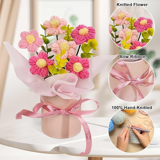 Crochet Flowers Bouquet, Handmade Knitted Pink Daisy Flowers Bouquet for Mother's Day, Christmas, Wedding, Office, Desk, Dashboard, Home Décor, Birthday Gift for Mom Women (Pink-Daisy)