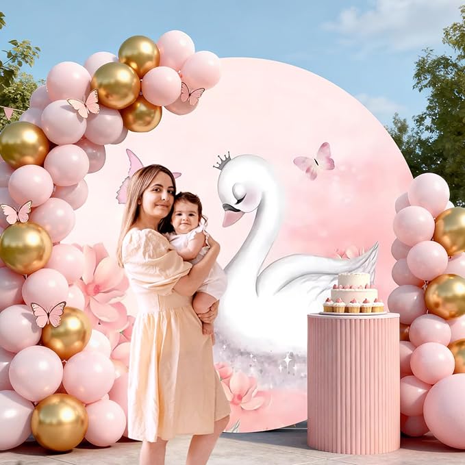AOFOTO Swan Round Backdrop Pink Floral Butterfly Print Photography Background for Baby Shower Women Newborn Girls Birthday Party Banner Home Wall Decor Photo Studio Booth Props 5x5ft