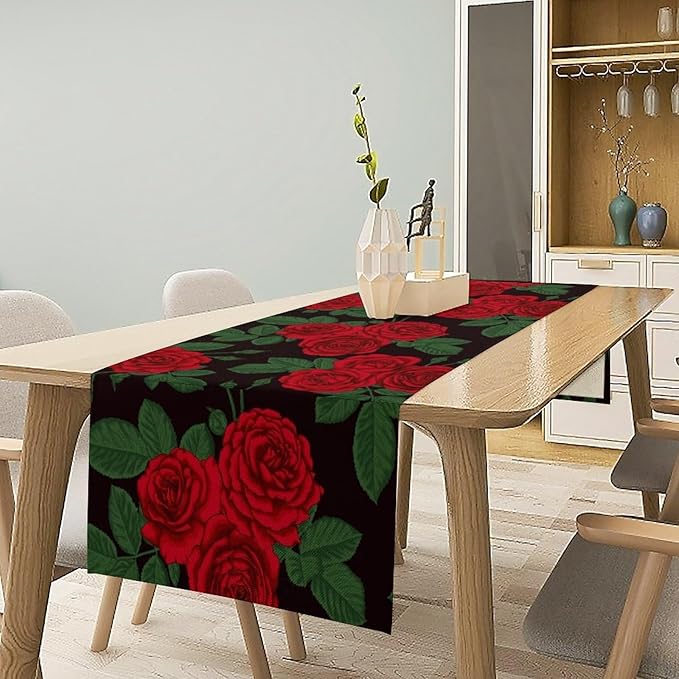 Red Rose Print Table Runner, Romantic Valentines Rose Summer Seasonal Dinner Runner Table Decoration for Home Kitchen Dining Holiday Wedding Party 13x90in