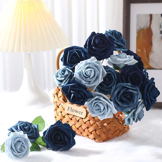 100 Pieces Artificial Foam Rose Flowers Faux Bouquet with Leaves and Stems for DIY Wedding Bouquets Centerpieces Bridal Shower Party Valentine Home Decorations(Shades of Blue)