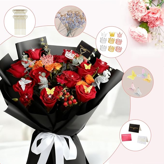 DNSGOOR 548Pcs Flower Wrapping Paper Kit with 200Sheets Waterproof Bouquet Wrapping Paper Decor Crowns 3D Butterfly Bouquet Pins Ribbons for Valentines Graduation Birthday Home Party