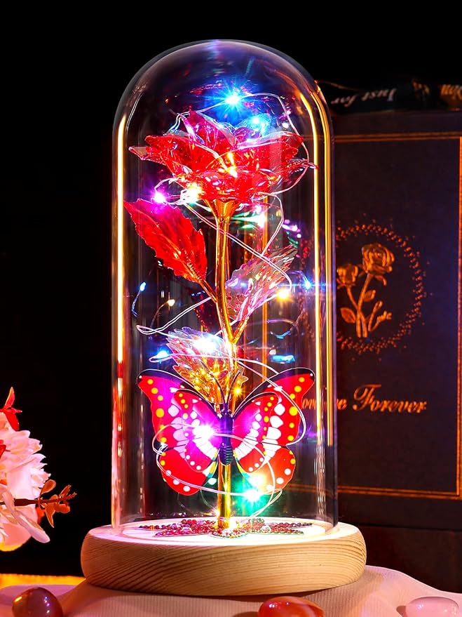 Beferr Christmas Rose Gifts for Women Mom Birthday Gifts, Galaxy Glass Rose Forever Preserved Flowers for Delivery Prime Light Up Rose in Glass Dome with Butterfly Xmas Gifts for Grandma Her Wife, Red