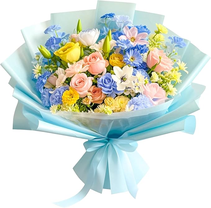 LeZakaa 20 Sheets Flower Wrapping Paper - Waterproof Reversible Floral Bouquet Paper - Sky Blue Design for Father's Day, Graduation, Party, Holiday