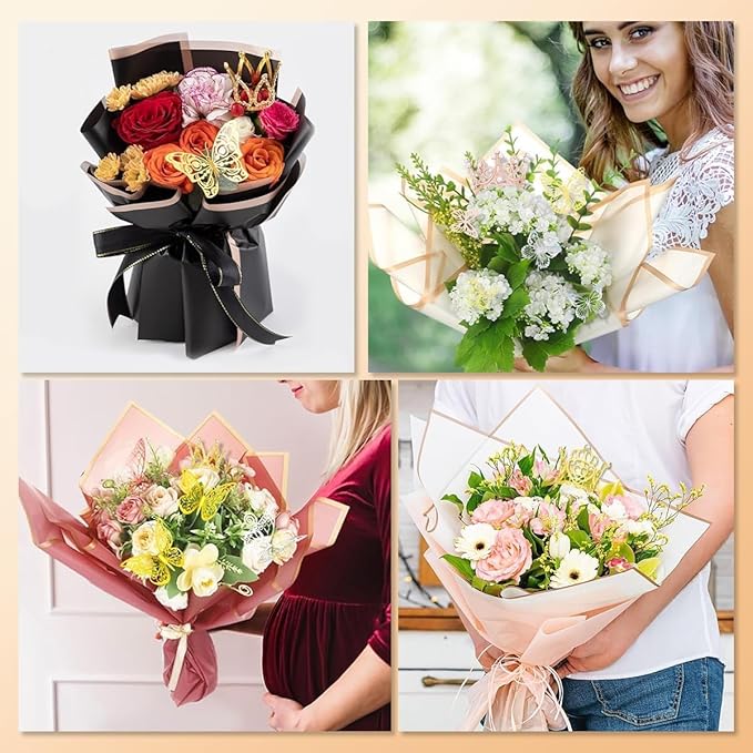 Majreey Floral Wrapping Paper Kit, 60Sheet Waterproof Floral Paper, 3Rolls Ribbon for Flower Bouquet, 2Rolls Transparent Tape,100Pcs Flower Pins, 48Pcs 3D Butterflies, 9Pcs Crowns 3 Floral Foam Blocks