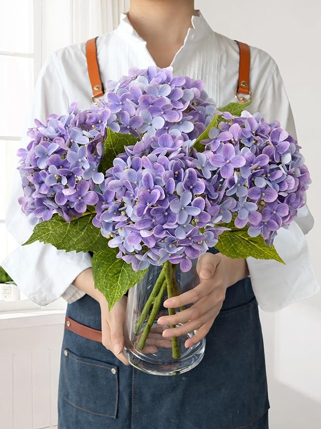 Bright Purple Boho Artificial Hydrangeas Flowers,4Pcs 20" Real Touch Lifelike Silk Artificial Hydrangeas, Full Fake Flowers for Bouquet Table Centerpieces Spring Wedding Indoor Home