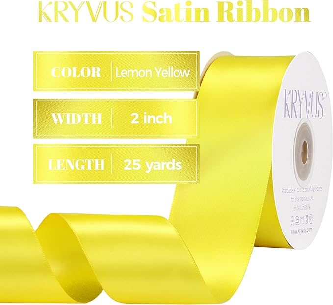 Lemon Yellow Satin Ribbon, Double Faced 2 Inch X 25 Yards Lemon Yellow Ribbon, Premium Satin Ribbon for Gift Wrapping, Crafts, Hair Bow Making, Sewing, Flower Bouquet, Wedding Party Decor