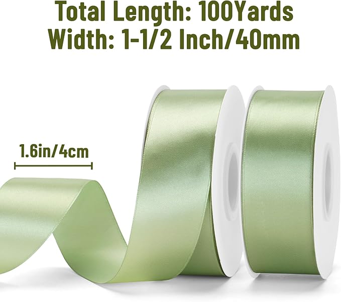 KINGLAKE Sage Green Satin Ribbon – 1 1/2'' x 100 Yards Polyester Sage Ribbon for Gift Wrapping, Light Green Ribbons for Crafts, Wedding Invitations, Baby Shower Decor, Floral Bouquets, Wreath Bows