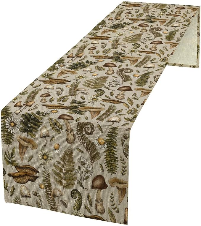 Vintage Woodland Mushroom Table Runner, Rustic Forest Green Plants Wild Mushroom Ferns Daisy Print Kitchen Dining Table Runners for Indoor Outdoor Home Party Holiday Decor, 13x60inch