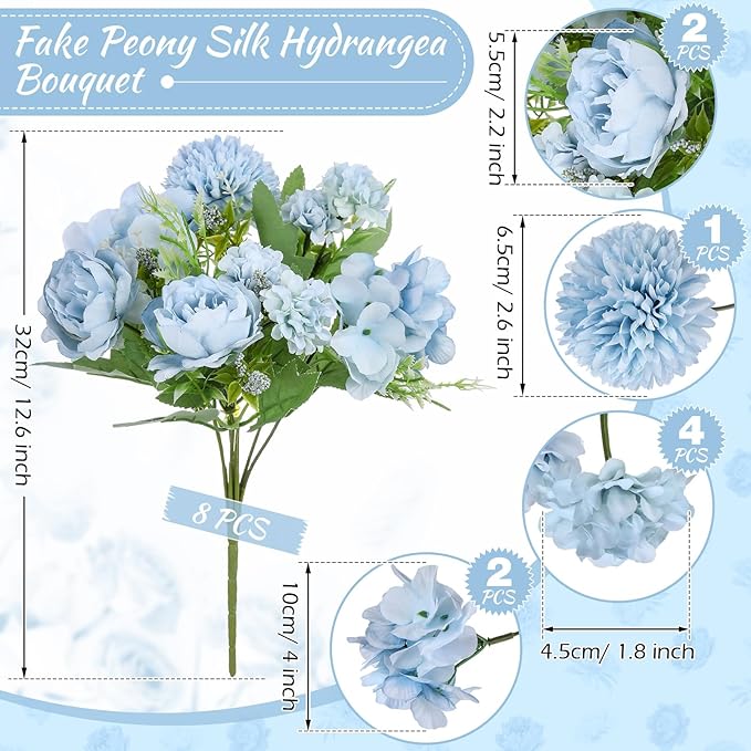 Lyrow 8 Pcs Peony Artificial Flowers Fake Silk Hydrangea Bouquet Elegant Peony Flowers for Wedding Decoration Faux Realistic Floral for Home Party Table Centerpieces Arrangement (Blue)