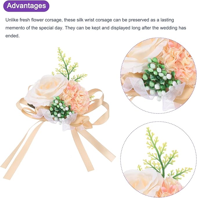 MECCANIXITY Wrist Corsage Artificial Flower Bracelets Pack of 2 Rose Wrist Bride Groom Decorative for Wedding Ceremony Prom Party Anniversary, 10x12cm Light Beige