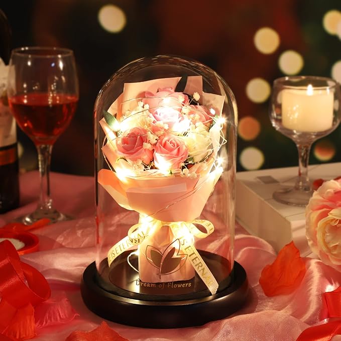 Christmas Rose Gifts for Her,Christmas Flower Gifts for Women,Forever Flowers Rose in Glass Dome with 2 Light Modes,Light Up Rose Valentines Anniversary Birthday Gifts for Women, Mom,Wife,Girlfriend