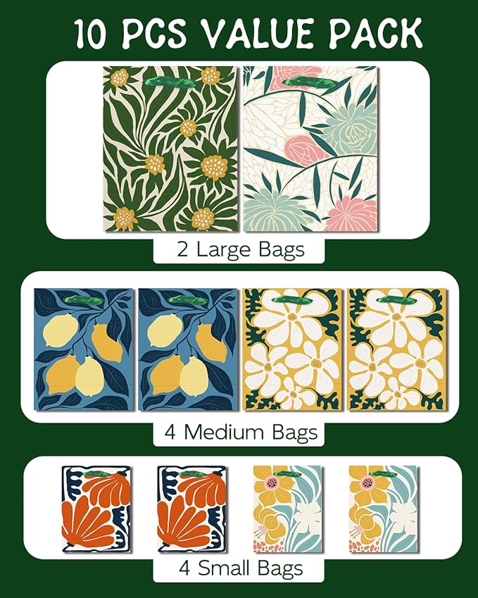 qiqee Clash Flowers Gift Bags with Tissue Paper Mulit Assorted Sizes 10PCS Present Party Favor Birthday Bags(2pcs Large 13", 4pcs Medium 9", 4pcs Small 6"，30pcs Tissue Paper)