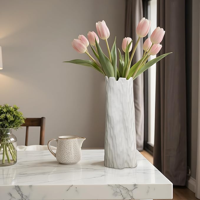 10.7 Inch White Ceramic Vase, Organic Nature Shape, OOSTONEE Boho Nordic Modern Style White Flower Vase, Shelf, Home, Living Room, Coffee Table Centerpiece, Ceramic vases for Home Decor