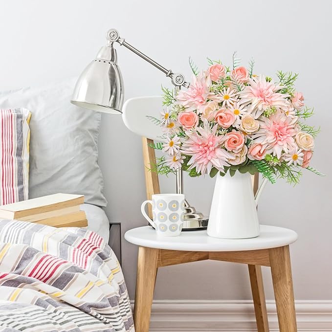 4PCS Artificial Flowers Dahlia Bouquet Fake Flowers Pink Silk Roses Daisies Faux Floral Arrangements for Dining Table Centerpieces for Kitchen Bridal Bouquet Wedding Party Home Decor