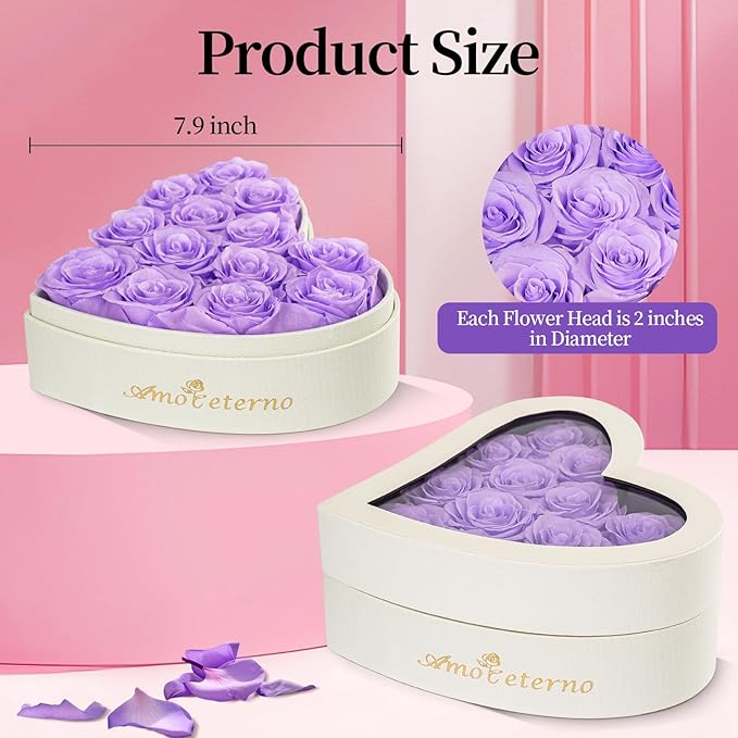 Flower, Forever Roses in A Box, Fresh Flowers, Birthday Gifts for Her, Women, Mom, Girlfriend, Wife, Grandma,Purple Forever Roses