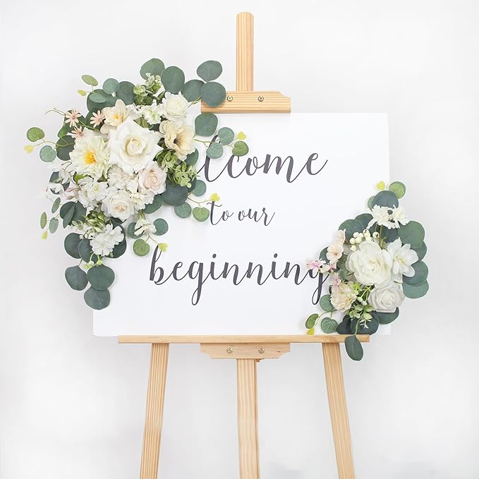 2pcs Wedding Arch Flowers,Wedding Artificial Sign Flower,Welcome Easel Door Decor Wall swags for Reception Backdrop Table Decorations Welcome Sign (Champagne White)