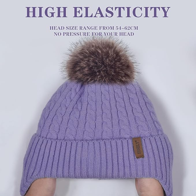 FENELY Women's Knitted Warm Beanie Winter Hat, Warm Chunky Snow Hat with Pompom