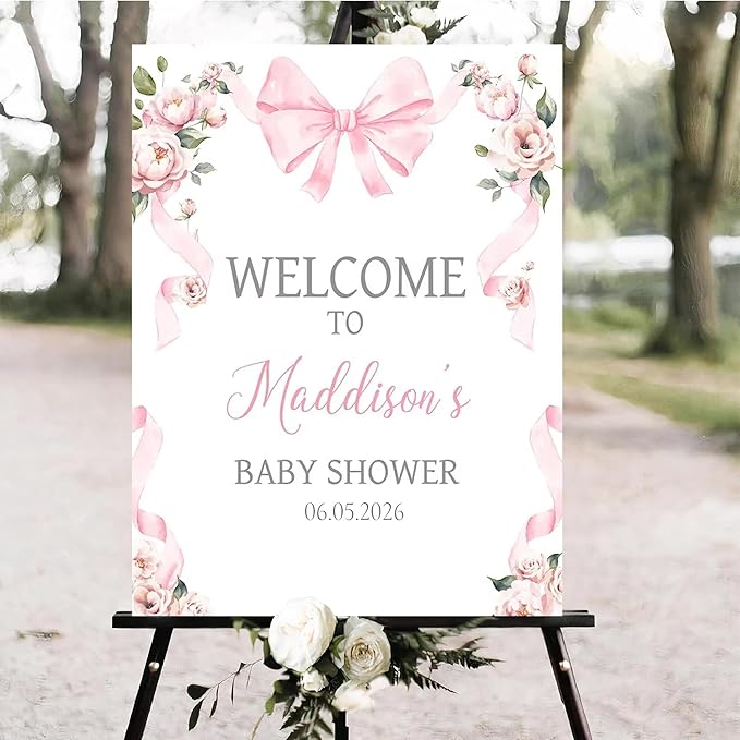 Personalized Pink Bow Baby Shower Welcome Sign, Custom Minimalist Bow Baby Girl Party Sign, Baby's Shower Gifts, Birthday Gifts, Gender Reveal Decorations, Newborn Announcement Party Supplies - 15