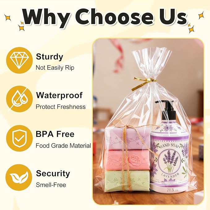 PigPotParty 10"x 14", 100Pcs Bottom Gusset Bags, Clear Plastic Gift Bags, Cellophane Mug Treat Goodie Bags with 100x Twist Ties, Large Party Favor Packaging, Toy Wrapping (No Side Gusset)