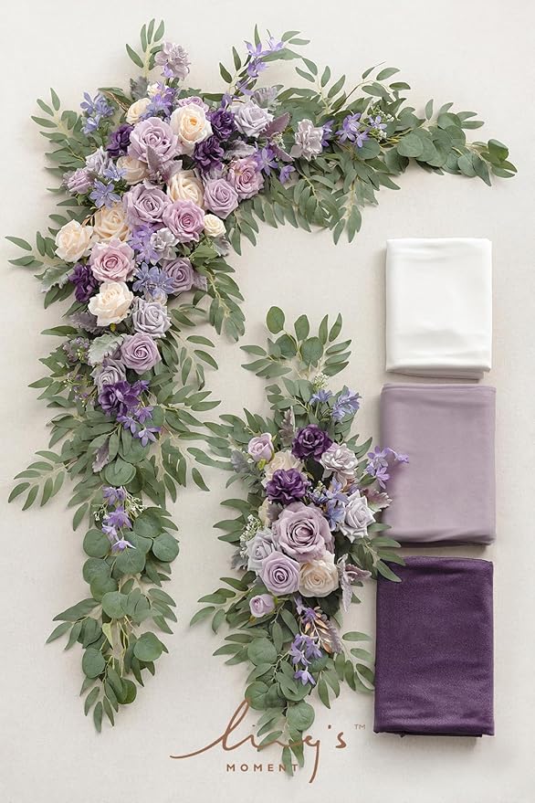 Ling's moment Wedding Arch Flowers with Sheer Drapes Kit - Artificial Purple and Gold Rose Floral Arrangements for Ceremony Backdrop, Arbor Decor, 5-Piece Set (2 Flower Stems + 3 Hanging Drapes)