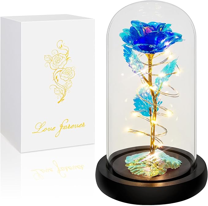 Childom Christmas Rose Gifts for Women,Birthday Gifts for Women Mom Christmas,Flowers for Delivery Prime,Blue Light Up Rose in A Glass Dome,Anniversary Rose Gift for Her Grandma Valentines Day