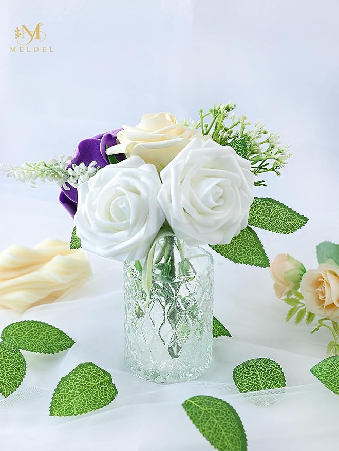 Meldel Artificial Flower 25pcs Real Touch Ivory Fake Foam Roses with Stems for DIY Wedding Bouquets Gifts White Bridal Shower Faux Floral Centerpieces Arrangements Home Party Tables Decorations