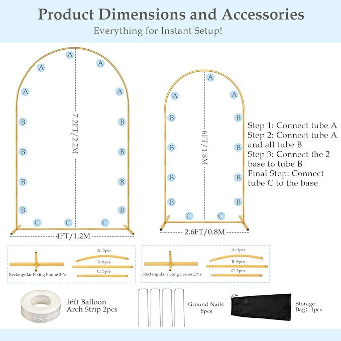 Arch Backdrop Stand, 7.2FT 6FT Wedding Arch Gold Set of 2, Metal Balloon Arch Kit Stand with Base for Gender Reveal Ceremony Birthday Anniversary Bridal Graduation Party Event Background Decoration