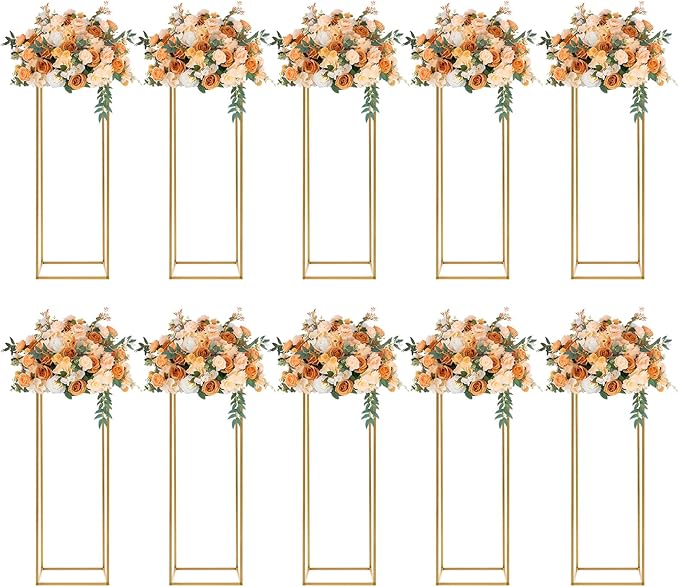 10Pcs Gold Wedding Flower Stands, Metal Column Flower Holder Gold Flower Centerpieces Stands Wedding Metal Centerpieces Rectangular Vase for Wedding Decorations Party Event (10Pcs 31.4in)