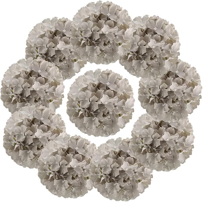 Flojery Silk Hydrangea Heads Artificial Flowers Heads with Stems for Home Wedding Decor,Pack of 10 (Gray)