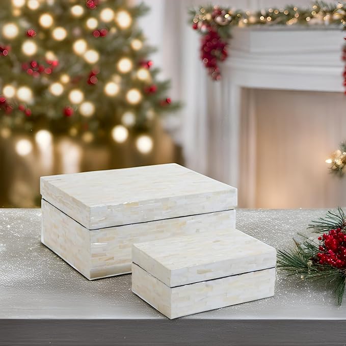 PEMAR Set of 2 Mother of Pearl Decorative Boxes w Lids, Handmade Mosaic Keepsake Jewelry Box Rectangular Treasure Chest, Shelf Decorative Wooden Box for Memory Tea Bags Coffee Accessories (White)