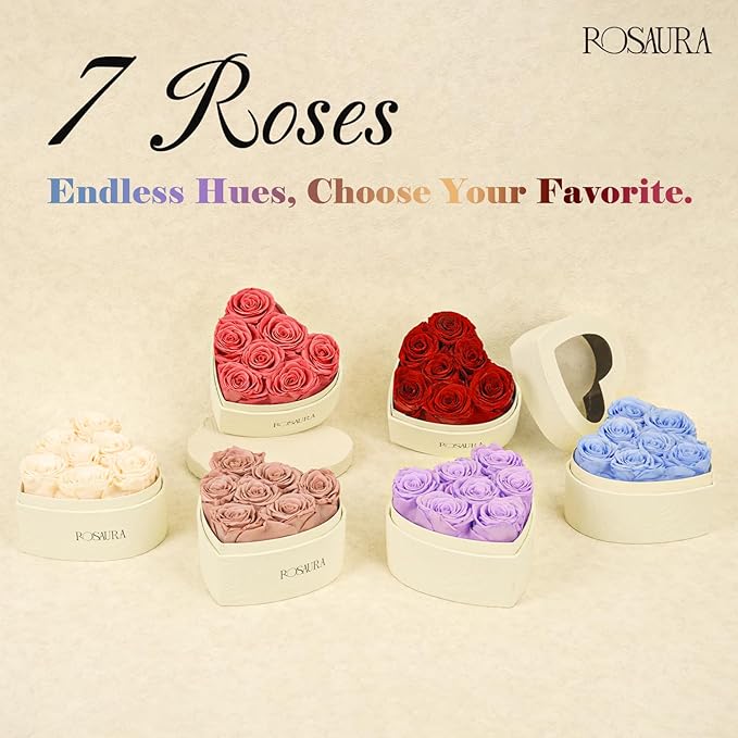Rosaura Heart-Shaped Preserved Roses Gift Box - Real Forever Flowers for Birthday, Valentine's & Mother's Day (Champagne, 7 roses)