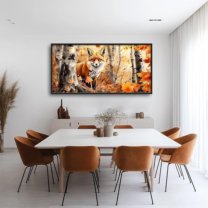 Large Fall Fox Wall Art for Living Room, Framed Oversized Autumn Forest Wall Decor Tree Maple Leaves Canvas Painting Modern Artwork for Living Room Bathroom Bedroom Office Dining Room 60"x30"