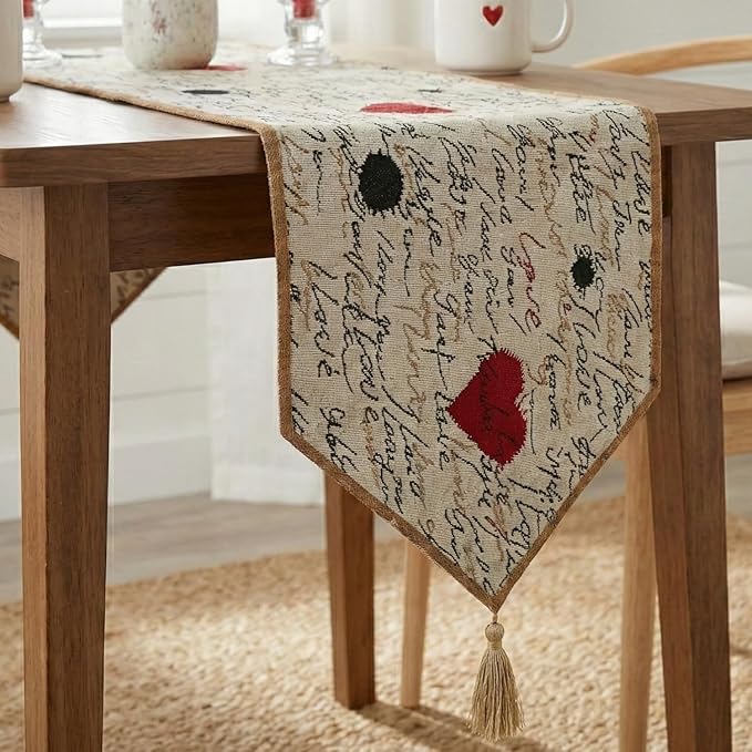 Tache Romantic Cursive Handwritten Love Letter Valentine Hearts Beige Table Runner - Vintage Farmhouse Woven Tapestry Kitchen Dining Dinner Linen Napery Cloth - 13 x 54 inches