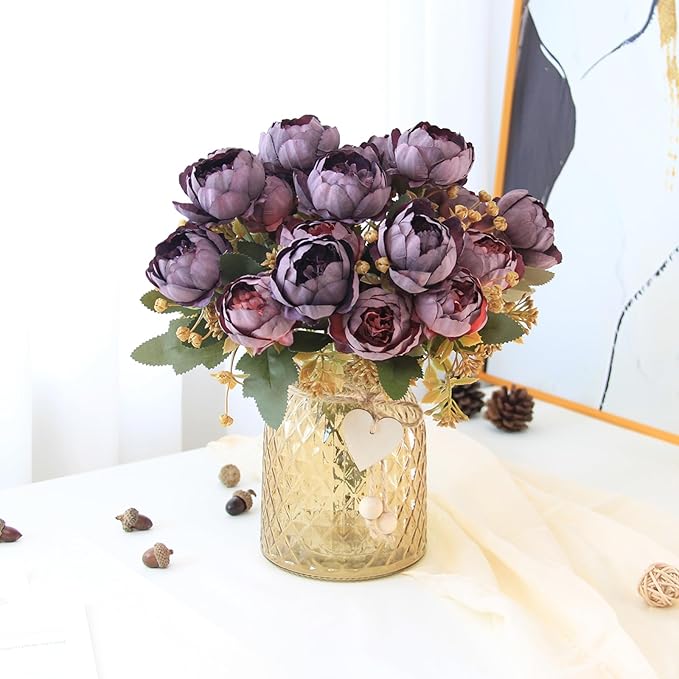 Fake Flowers in Vase,Fake Flowers with Vase 21 Pcs Faux Peony Flowers,Artificial Flowers for Home Decor, Indoor Centerpiece for Living Room & Dining Table (Purple Red)