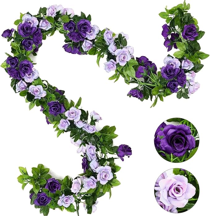 JUSTOYOU 2 Pack (15.8FT) Fake Rose Garland, Artificial Roses Vines Flower Garland Hanging Floral Vine Wedding Home Backdrop Party Arch Arrangement Decoration