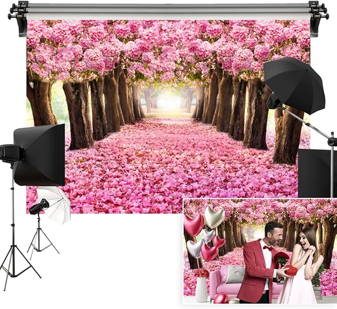 10x5ft Spring Pink Flower Backdrop Cherry Blossom Floral Petal Trees Boulevard Garden Romantic Valentine's Day Photography Background for Wedding Baby Shower Tea Party Girl Adult Portraits