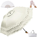 Princess Lace Parasol Folding Gothic Lolita Umbrella Lace Parasol Gloves Fan Set Flower Printed Lining for Cute UV Sun Protection Umbrella for Christmas Wedding Cosplay Photoshoot Decoration