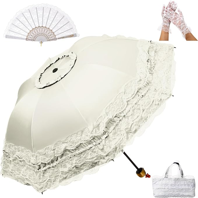 Princess Lace Parasol Folding Gothic Lolita Umbrella Lace Parasol Gloves Fan Set Flower Printed Lining for Cute UV Sun Protection Umbrella for Christmas Wedding Cosplay Photoshoot Decoration