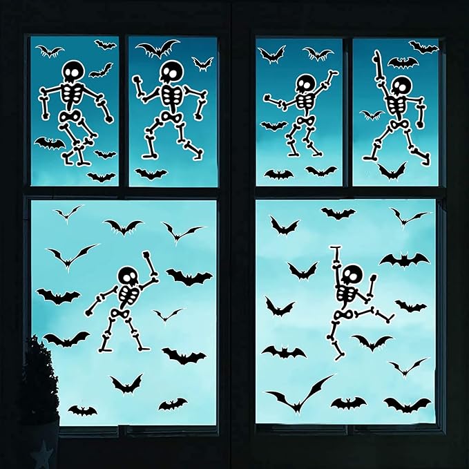 Halloween Wall Decals and Skeleton Window Clings - 6 Sheets 43 Pcs Removable Black Ghost Bat Wall Stickers for Mirrors, Windows, Home Bedroom Party Decor