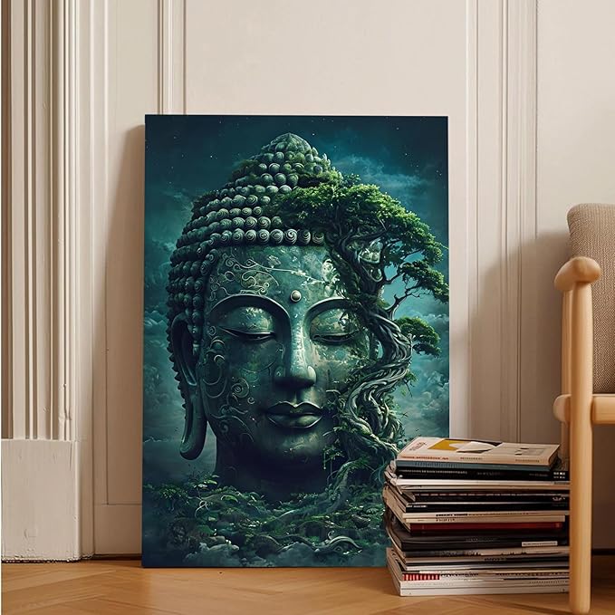 Buddha statue wall art canvas wall decor aesthetic picture mystical nature art for tranquil home and spiritual space 24x36in Frameless