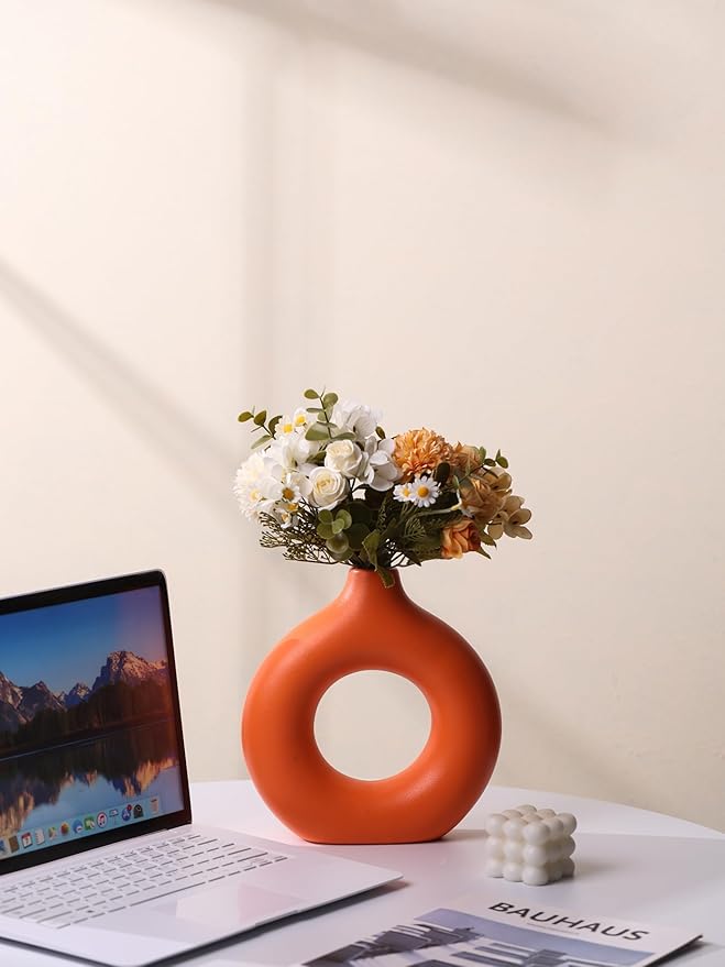 Modern Donut-Shaped Decorative Vases, Handmade Minimalist Boho ins Style, Modern Vase for Home Decor for Wedding Dinner Table Party Living Room Office Bedroom (Orange, Extra Large + Large)
