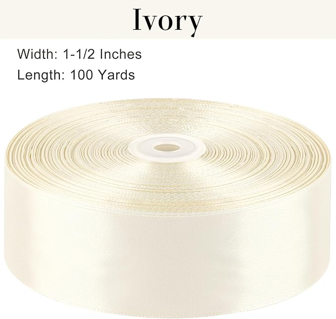 1-1/2 Inches 100 Yards Ivory Satin Ribbon, Solid Fabric Ribbon Roll for Flower Bouquets, Gift Wrapping, Wedding, Handmade Crafts