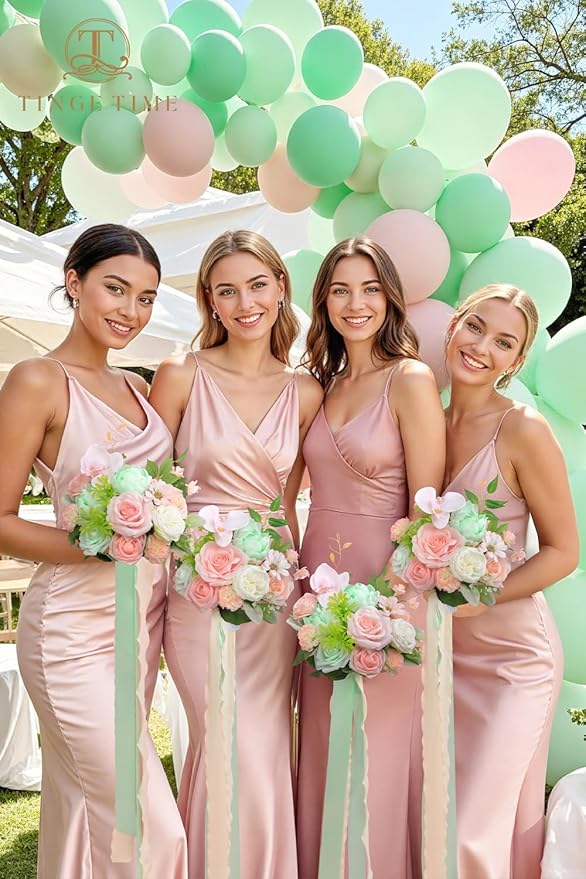 TINGE TIME 7 Inch Artificial Flowers Wedding Bouquets for Bridesmaid, Set of 4, Mint Green & Pink Bride Tossing Bouquet for Rustic Wedding Ceremony Bridal Shower Rehearsal Dinner Vintage Party