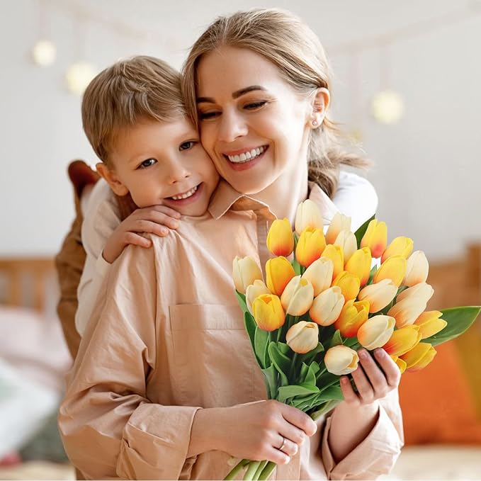 MACTING 30 PCS Artificial Tulip Flowers 13.7" Real Touch Fake PU Tulips Bouquet Faux Flowers for Floral Arrangements Table Centerpiece Home Kitchen Indoor Outdoor Summer Decor (Mix Yellow)