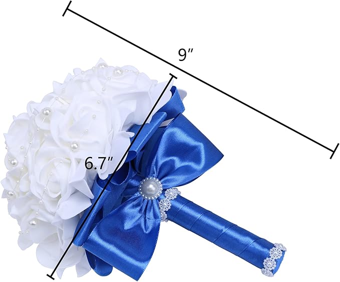 Wedding Bouquets for Brides or Bridesmaids Pearl Embellishment Roses Bridal Bridesmaid Wedding Hand Bouquet Artificial Fake Flowers.(Blue)